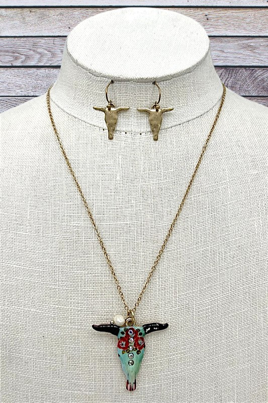 Bull Head Pendant Necklace Set
