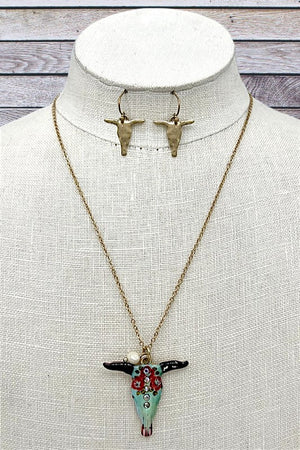 Bull Head Pendant Necklace Set