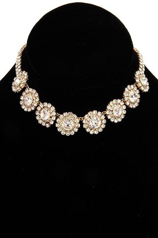 ROUND RHINESTONE FRAMED LINK COLLAR NECKLACE