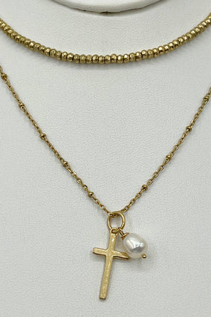 Choker Glass Bead Cross Pendant Necklace