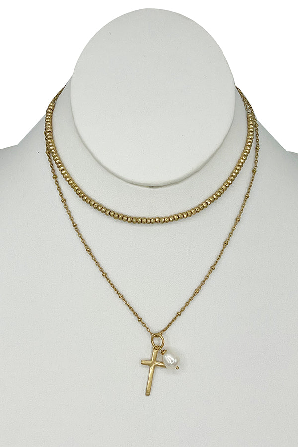 Choker Glass Bead Cross Pendant Necklace