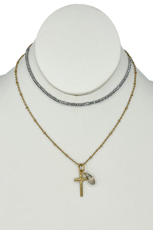 Choker Glass Bead Cross Pendant Necklace