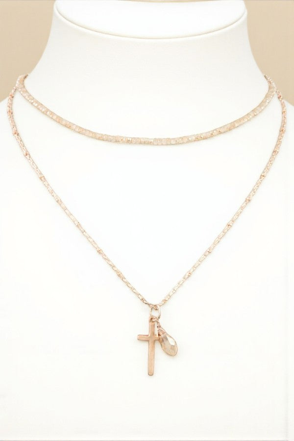 GLASS BEAD CHOKER CROSS PENDANT NECKLACE