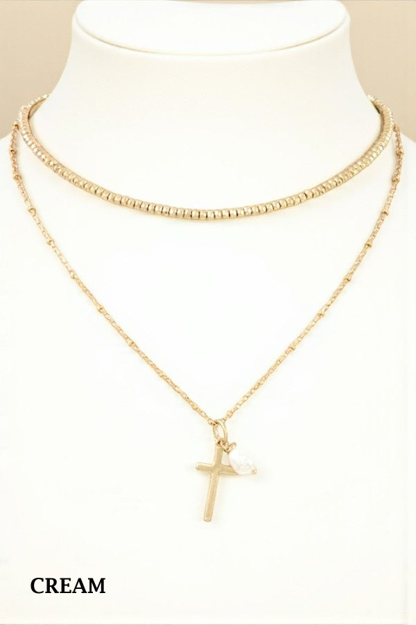 GLASS BEAD CHOKER CROSS PENDANT NECKLACE