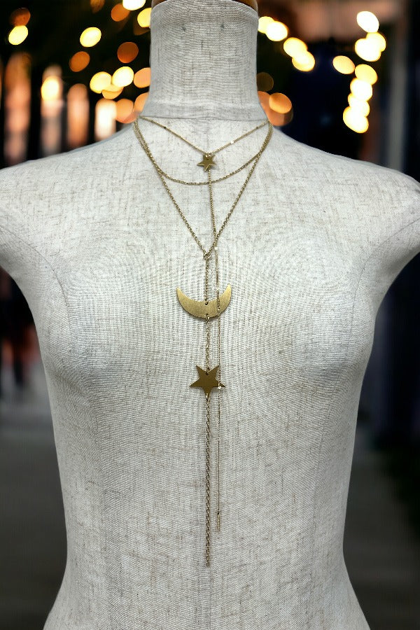 Layered Moon and Star Pendant Necklace