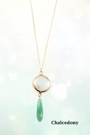 ROUND MOP GEM DANGLE LINK PENDANT NECKLACE