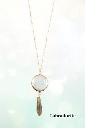 ROUND MOP GEM DANGLE LINK PENDANT NECKLACE