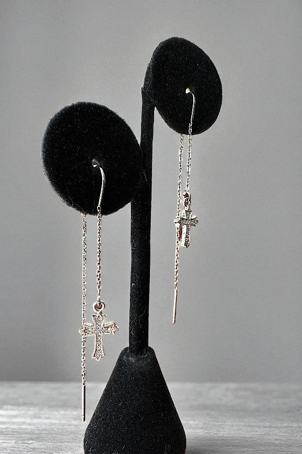 CZ PAVE CROSS CHAIN DANGLE EARRING