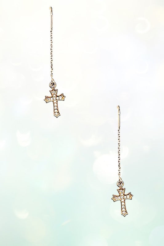CZ PAVE CROSS CHAIN DANGLE EARRING