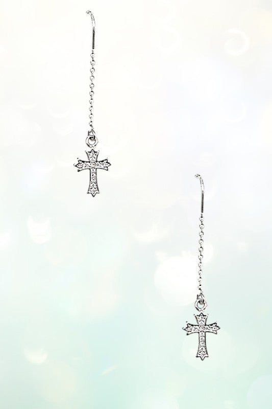 CZ PAVE CROSS CHAIN DANGLE EARRING