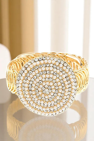 RHINESTONE AND PEARL ROUND ORNATE FLEX BRACELET