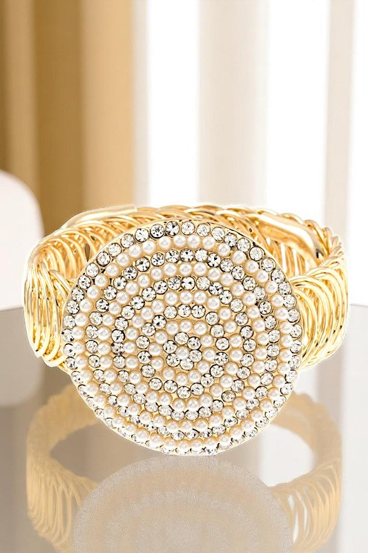 RHINESTONE AND PEARL ROUND ORNATE FLEX BRACELET
