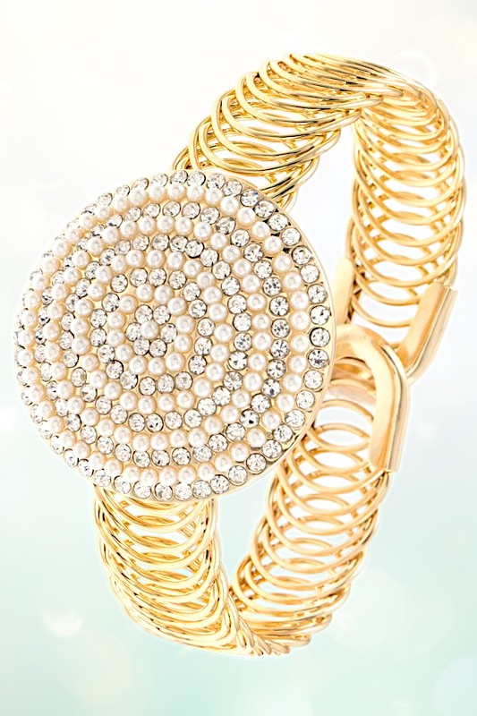 RHINESTONE AND PEARL ROUND ORNATE FLEX BRACELET
