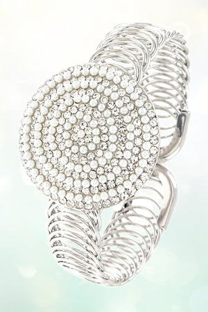 RHINESTONE AND PEARL ROUND ORNATE FLEX BRACELET