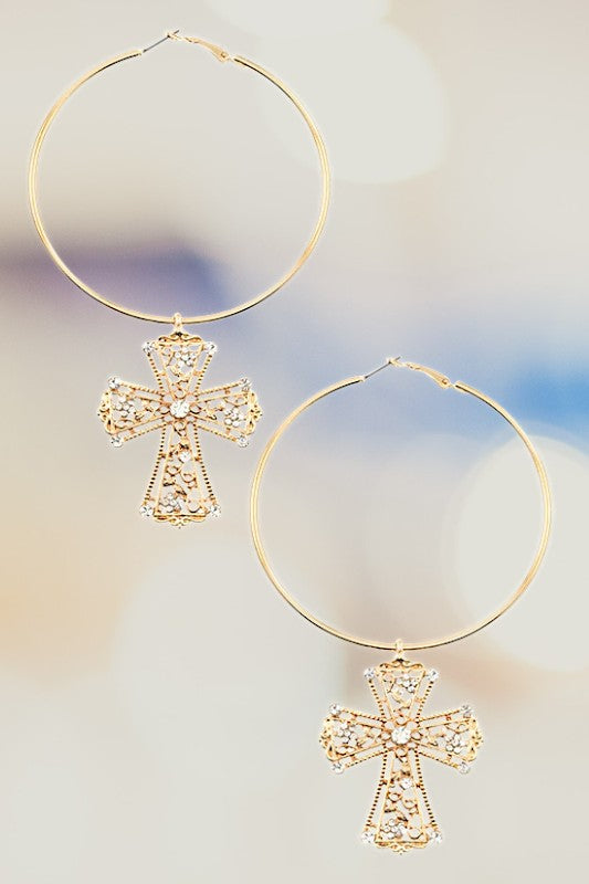 ORNATE CROSS LARGE HOOP DANGLE EARRING