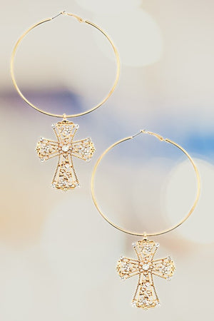 ORNATE CROSS LARGE HOOP DANGLE EARRING