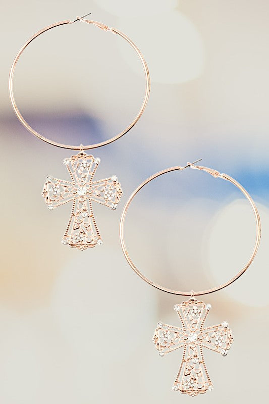 ORNATE CROSS LARGE HOOP DANGLE EARRING