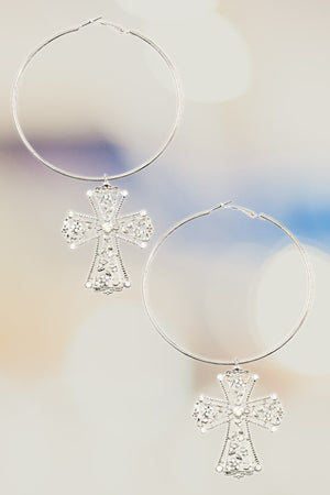 ORNATE CROSS LARGE HOOP DANGLE EARRING