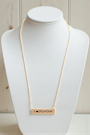 OKLAHOMA STATE SHAPE CUT OUT OKLAHOMA ETCHED BAR PENDANT NENCKLACE