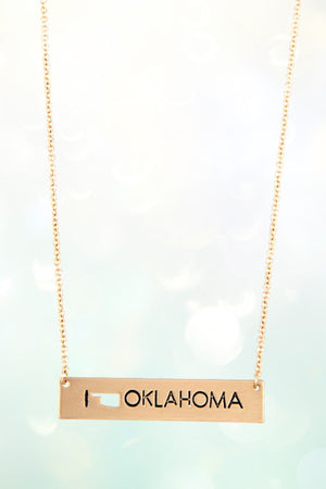 OKLAHOMA STATE SHAPE CUT OUT OKLAHOMA ETCHED BAR PENDANT NENCKLACE
