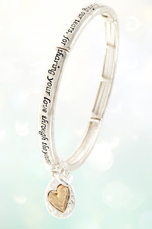 MOMS BLESSING ETCHED MESSAGE LINK HEART DANGLE STRETCH BRACELET