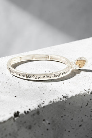 MOMS BLESSING ETCHED MESSAGE LINK HEART DANGLE STRETCH BRACELET