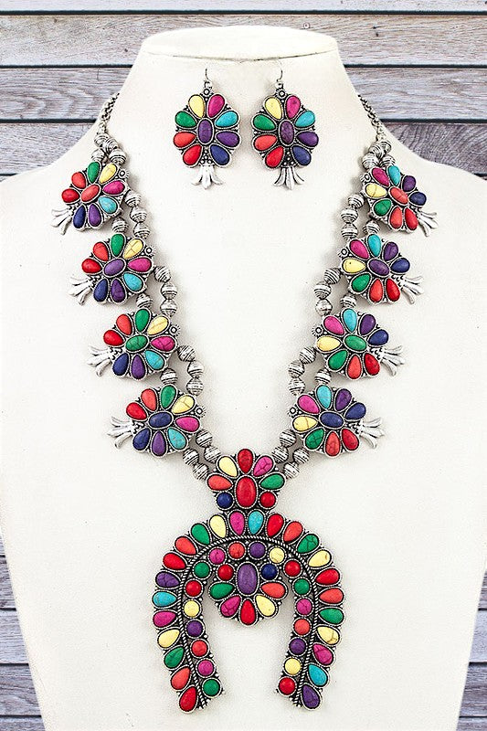 FLORAL STATION GEM FRAMED STATEMENT NECKLACE SET