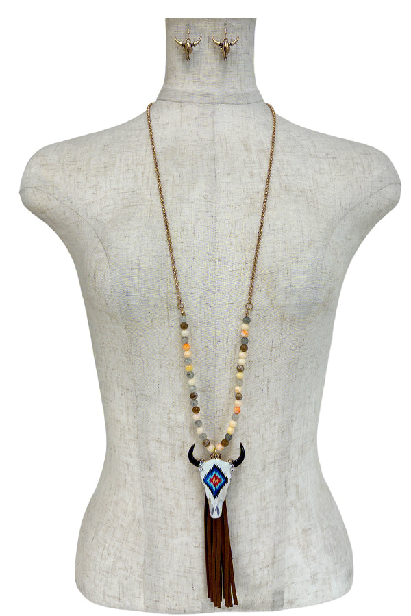 Bull Accent Bead Tassel Necklace Set