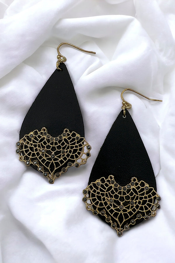 Faux Leather Teardrop Ornate Earring