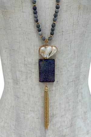 Long Natural Stone Chain Tassel Pendant Necklace