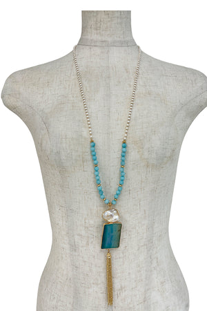 Long Natural Stone Chain Tassel Pendant Necklace