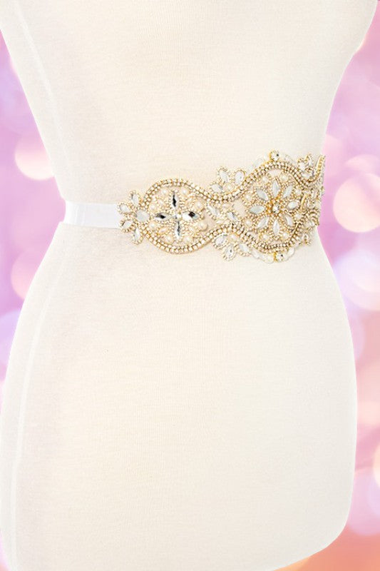 CRYSTAL AND PEARL FLORAL SASH BELT