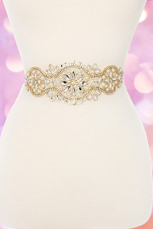 CRYSTAL AND PEARL FLORAL SASH BELT