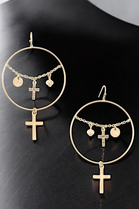 OVERSIZE CROSS DOUBLE DANGLE EARRING