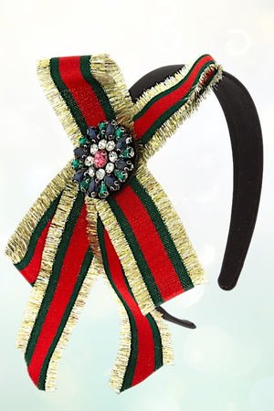 GEM CENTERED FRINGE BOW ORNATE HEADBAND