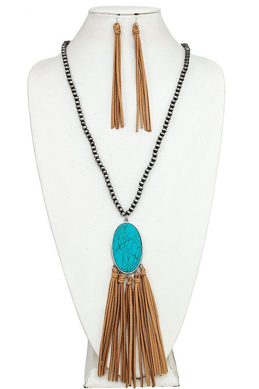 OVAL GEM PENDANT TASSEL LONG NECKLACE SET