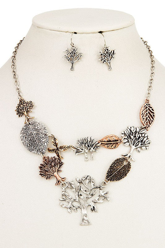 ETCHED LEAF AND TREE LINK BIB NECKLACE SET