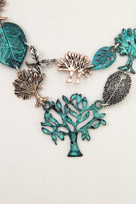 ETCHED LEAF AND TREE LINK BIB NECKLACE SET