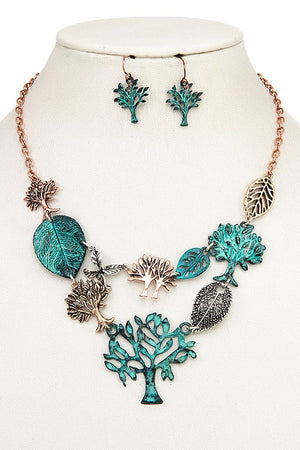 ETCHED LEAF AND TREE LINK BIB NECKLACE SET