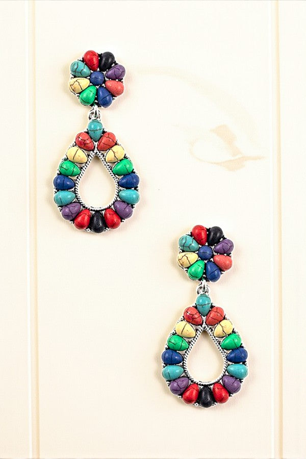 FAUX GEM FLORAL TEARDROP DANGLE EARRING