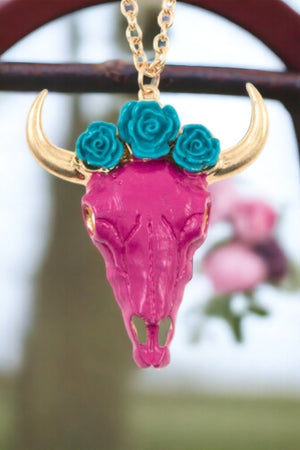 Floral Bull Head Pendant Long Necklace Set