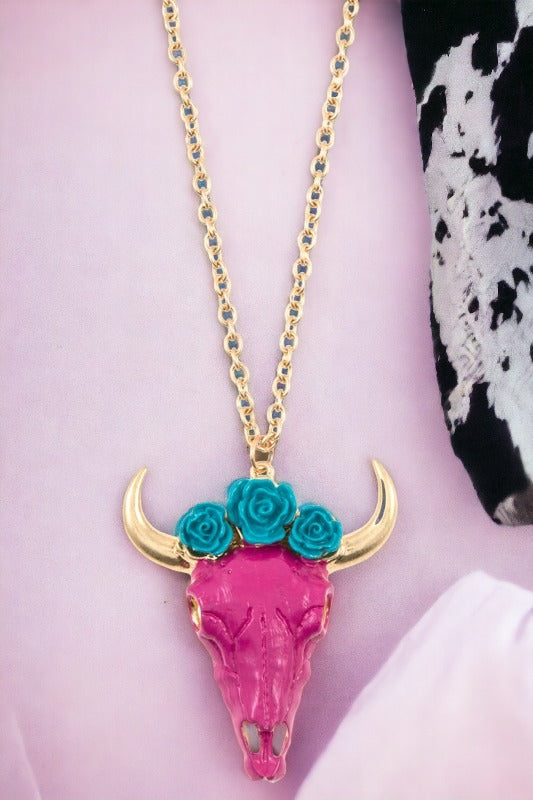 Floral Bull Head Pendant Long Necklace Set