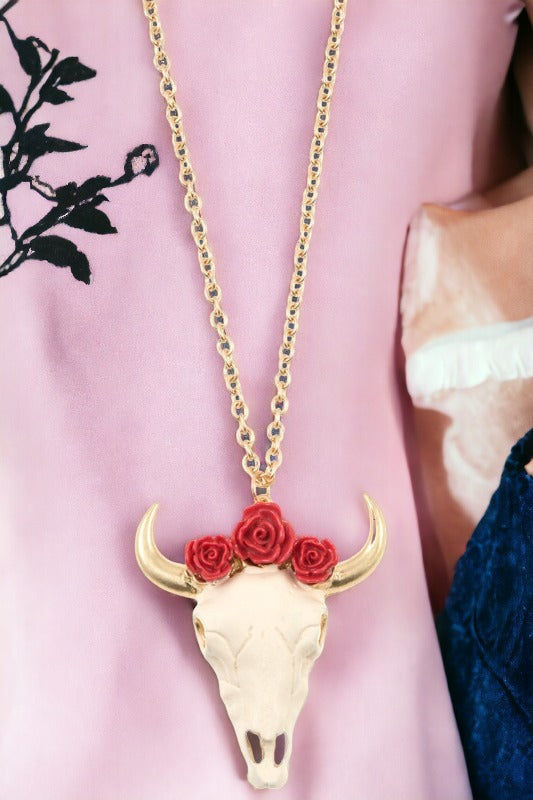 Floral Bull Head Pendant Long Necklace Set