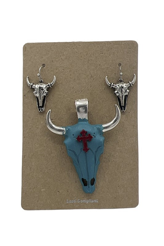 Cross Accent Bull Pendant Earring Set