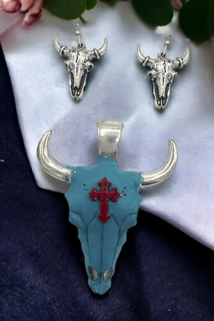 Cross Accent Bull Pendant Earring Set