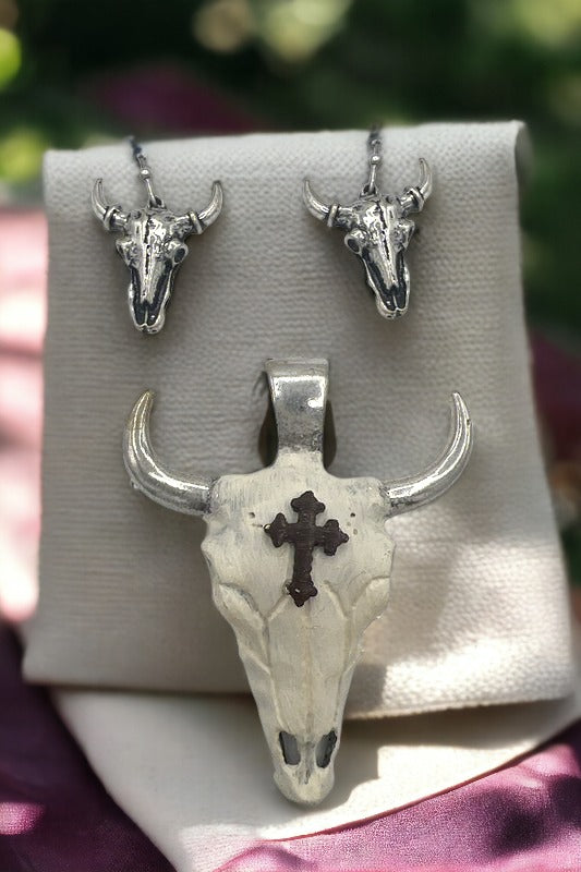 Cross Accent Bull Pendant Earring Set