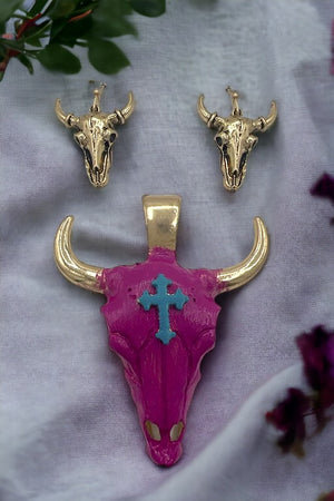 Cross Accent Bull Pendant Earring Set