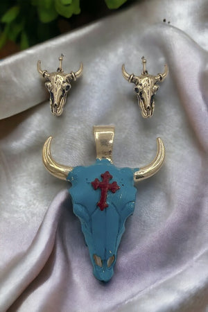 Cross Accent Bull Pendant Earring Set