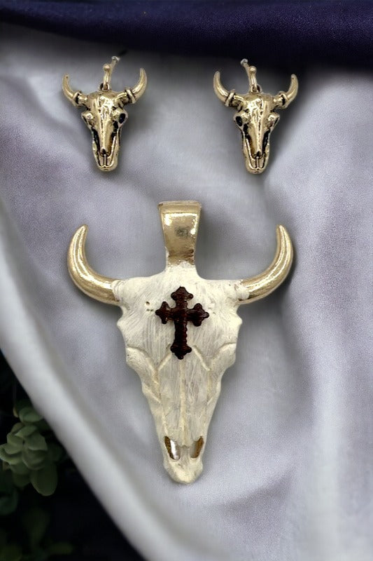 Cross Accent Bull Pendant Earring Set