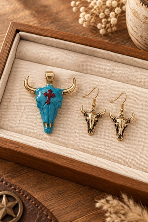 CROSS ACCENT BULL SKULL PENDANT AND EARRING SET
